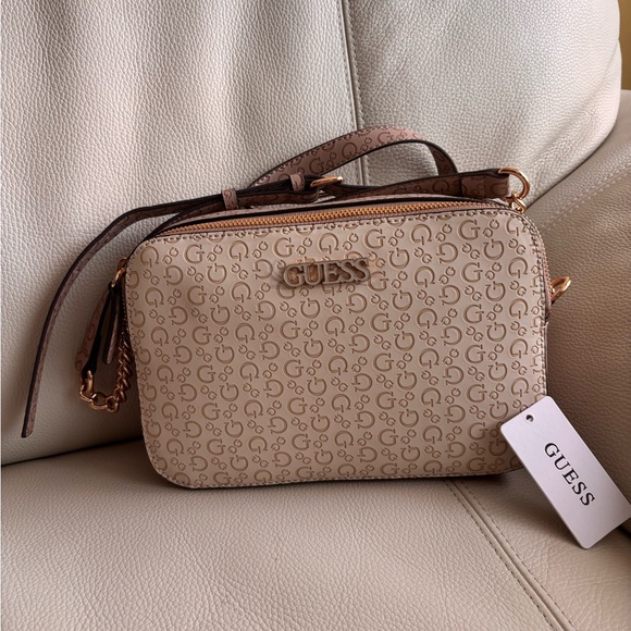 Brand New | Guess | Cream and Mauve Embossed Crossbody Bag - Picture 1 of 6